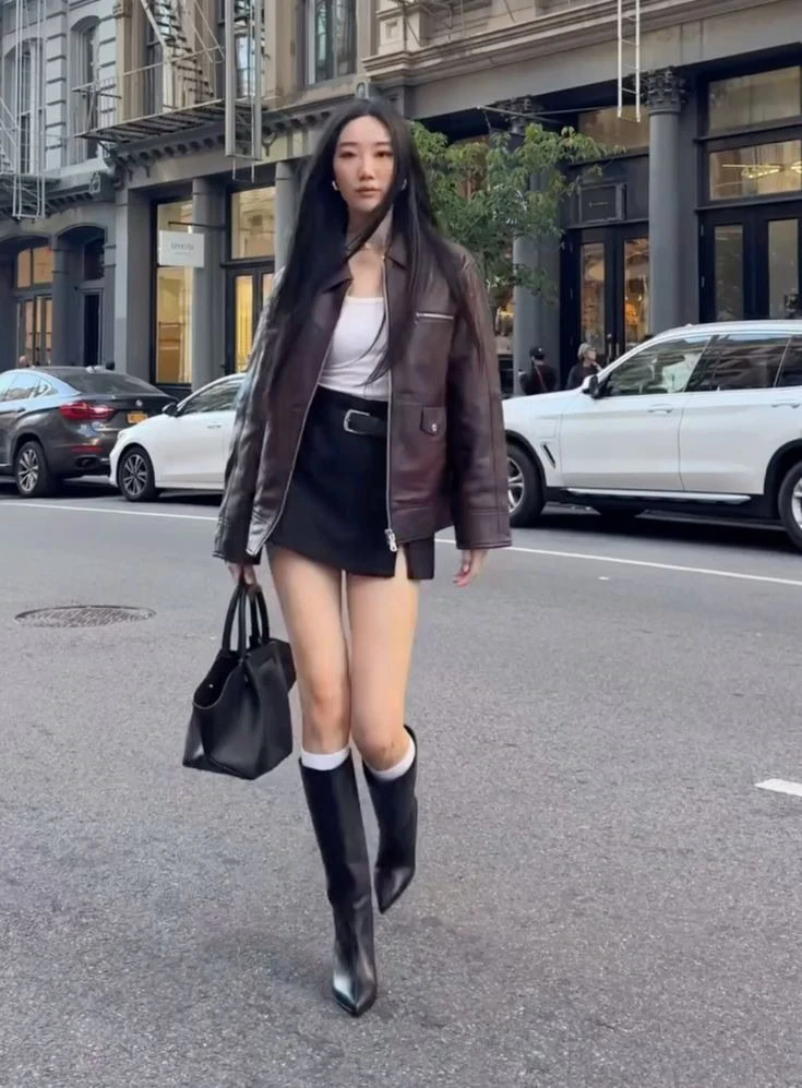 Brown Leather Jacket with Black Boots