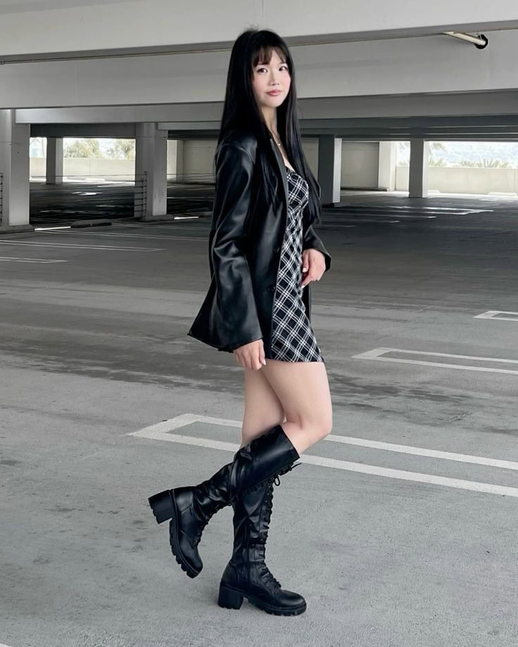 Black Leather Jacket and Plaid Mini