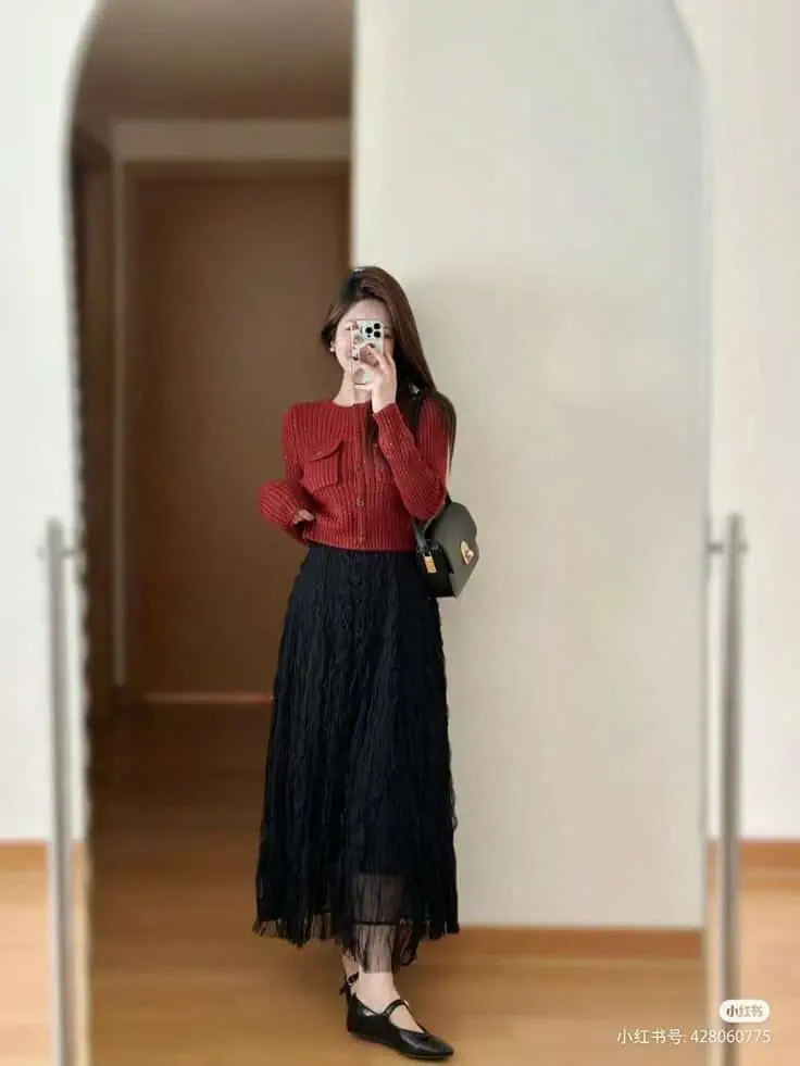 Cranberry Sweater with Pleated Midi Skirt