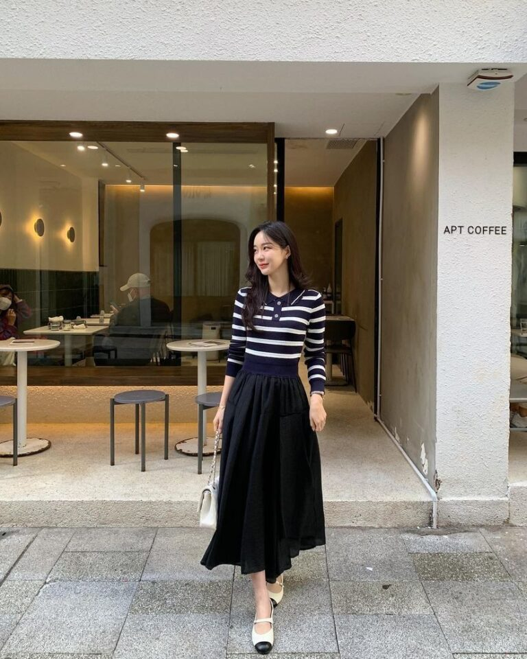 Striped Top with Elegant Black Skirt