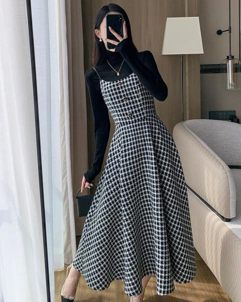 Classic Houndstooth Midi with Black Turtleneck