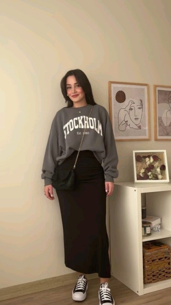 Graphic Sweatshirt with Black Midi Skirt