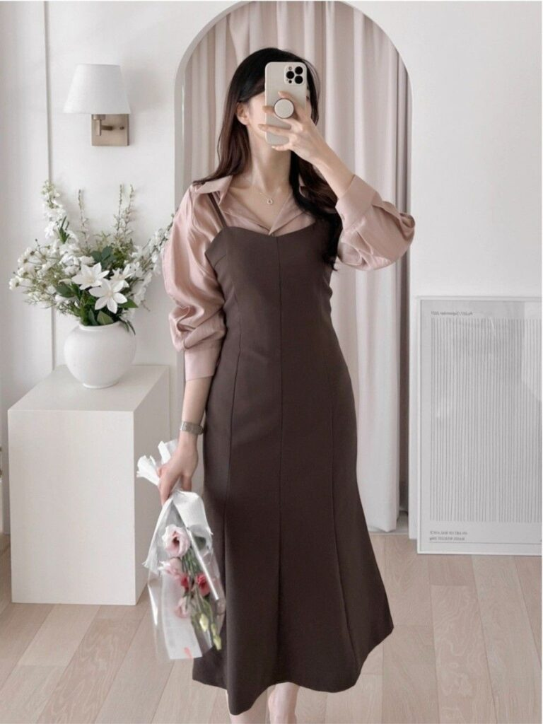 Chocolate Dress with Blush Blouse