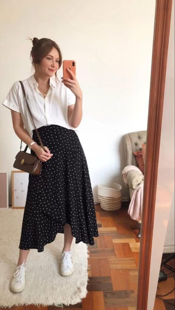 Crisp White Shirt with Polka Dot Skirt