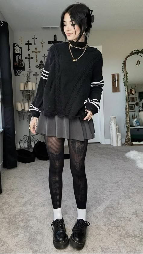 Sporty Goth: Varsity Stripe Sweater Look