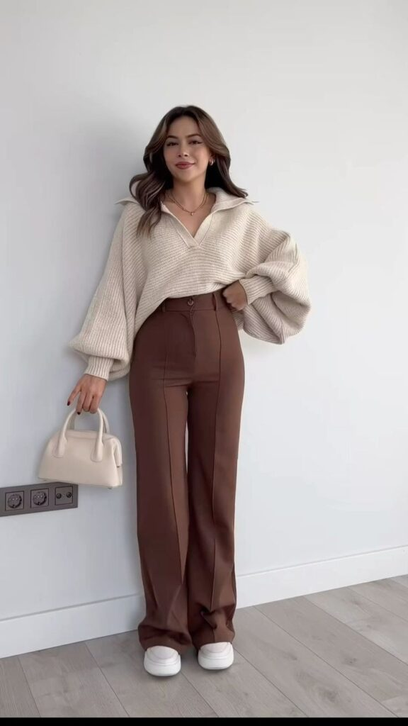 Cream Sweater with Chocolate Brown Trousers