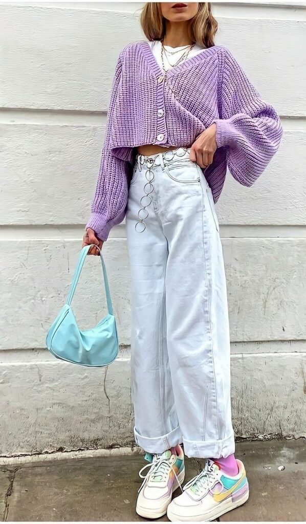 Lavender Cardigan with Crisp White Jeans