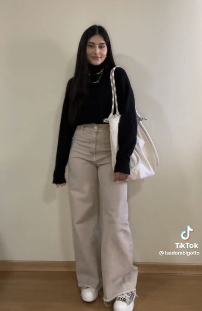 Black Sweater with Cream Wide-Leg Jeans