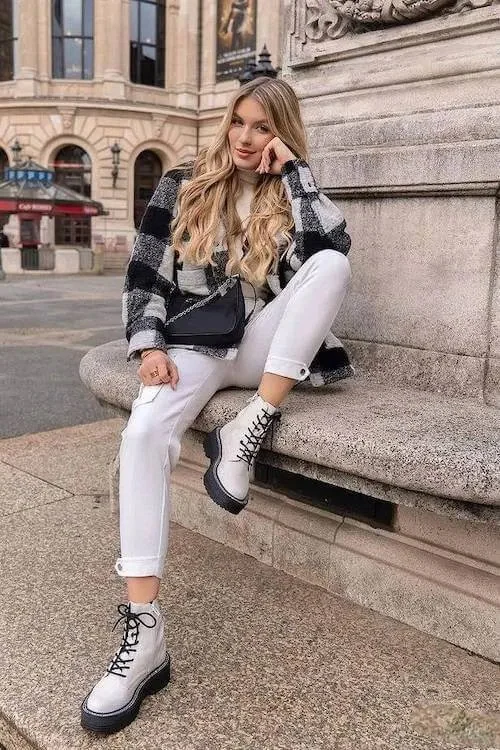 Plaid Sweater with White Combat Boots
