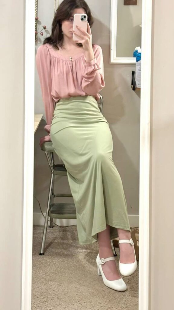 Soft Pink Blouse with Mint Midi Skirt