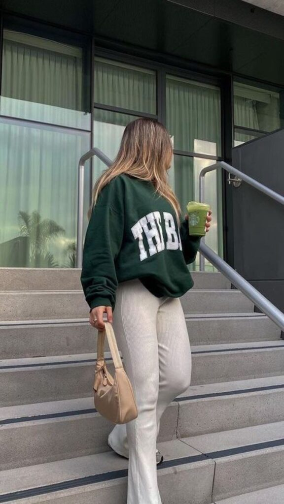 Dark Sweatshirt with Cream Ribbed Pants