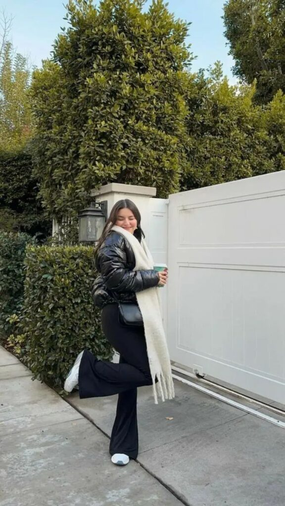 Black Leggings with Puffed Jacket and Scarf