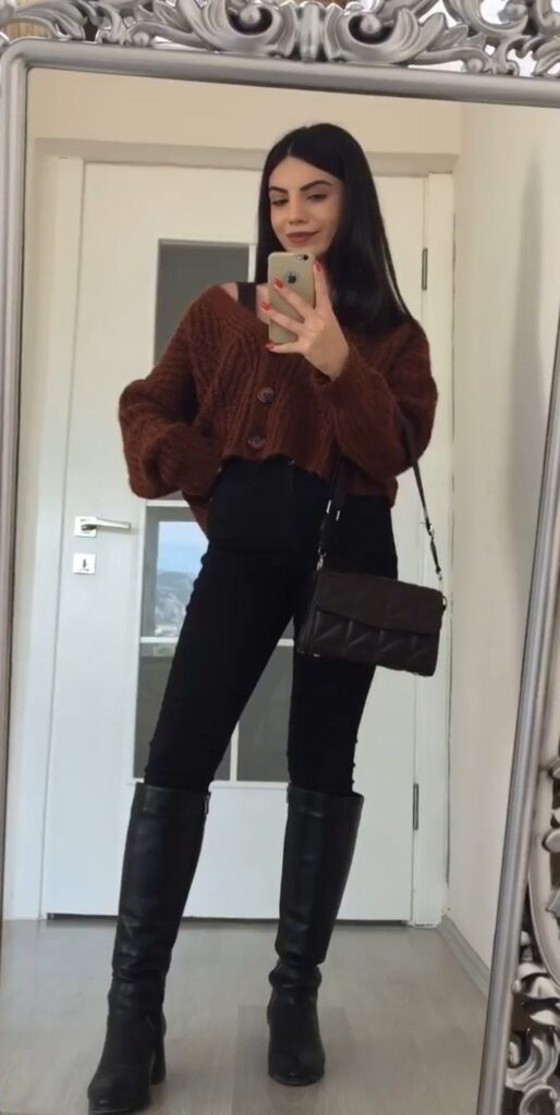 Burgundy Cardigan with Black Leggings