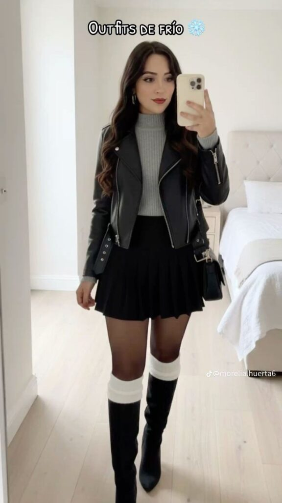 Edgy Leather Jacket with Pleated Skirt