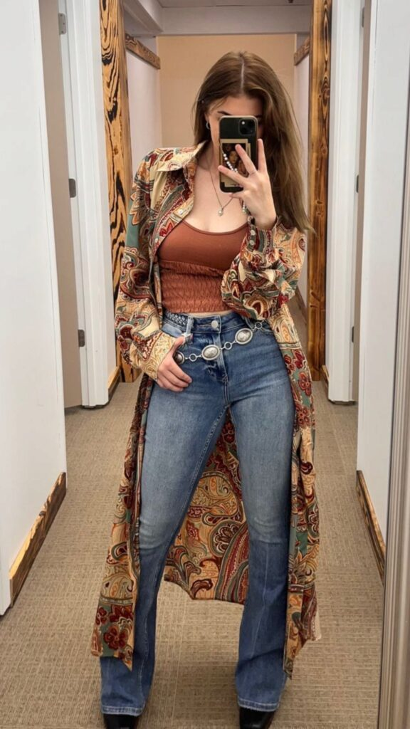 
Paisley Duster Coat Over Cropped Layers