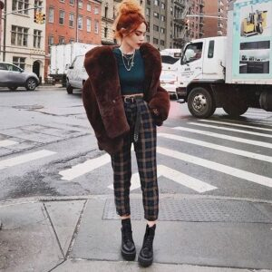 Burgundy Fur Coat with Plaid Trousers