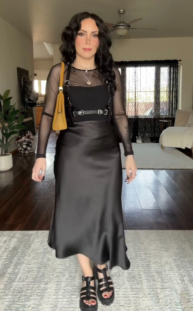 Slip Dress with Sheer Mesh Layering