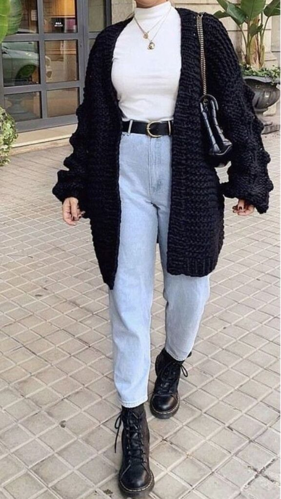 Chunky Cardigan With Light Wash Denim