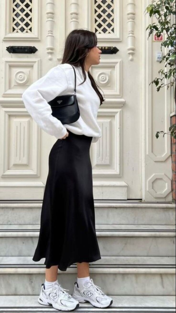 Elegant Black Skirt with Crisp White Blouse