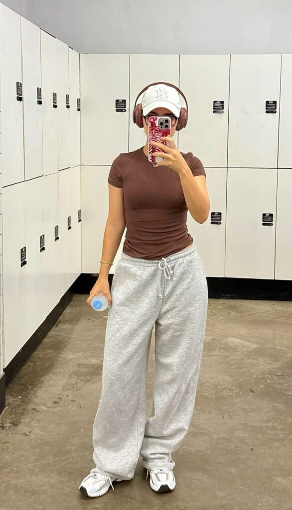 Brown Fitted Tee with Cozy Sweatpants