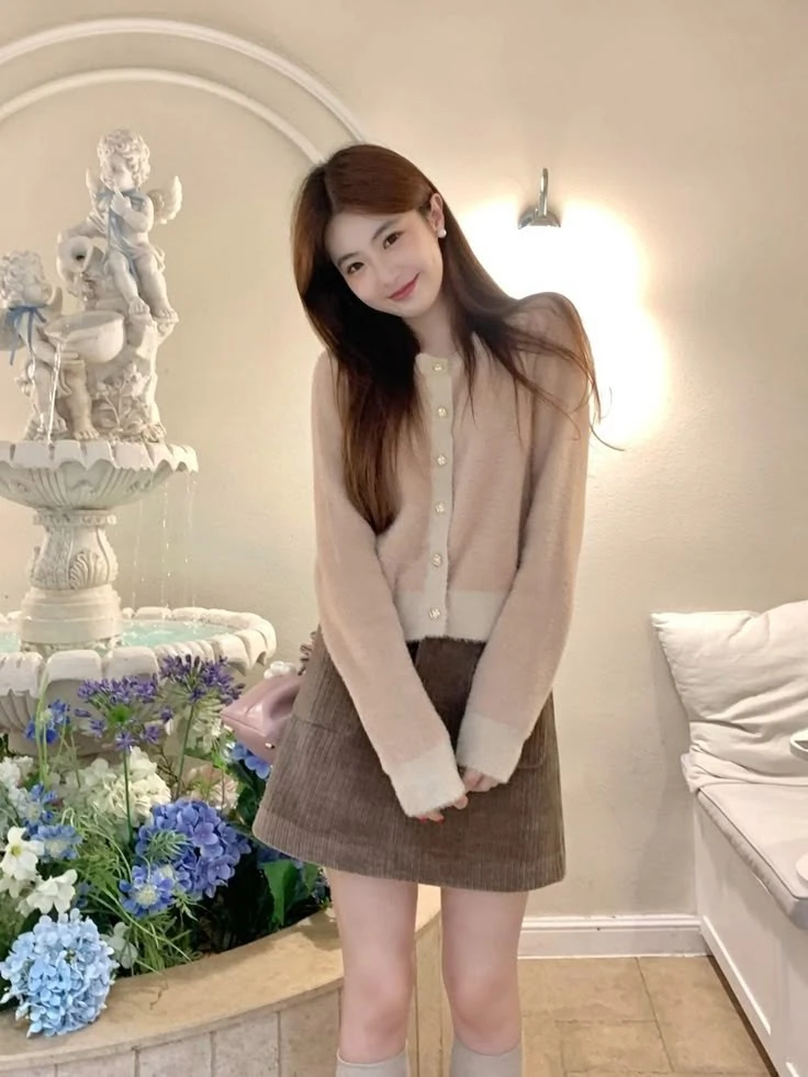 Cream Cardigan with Textured Mini Skirt