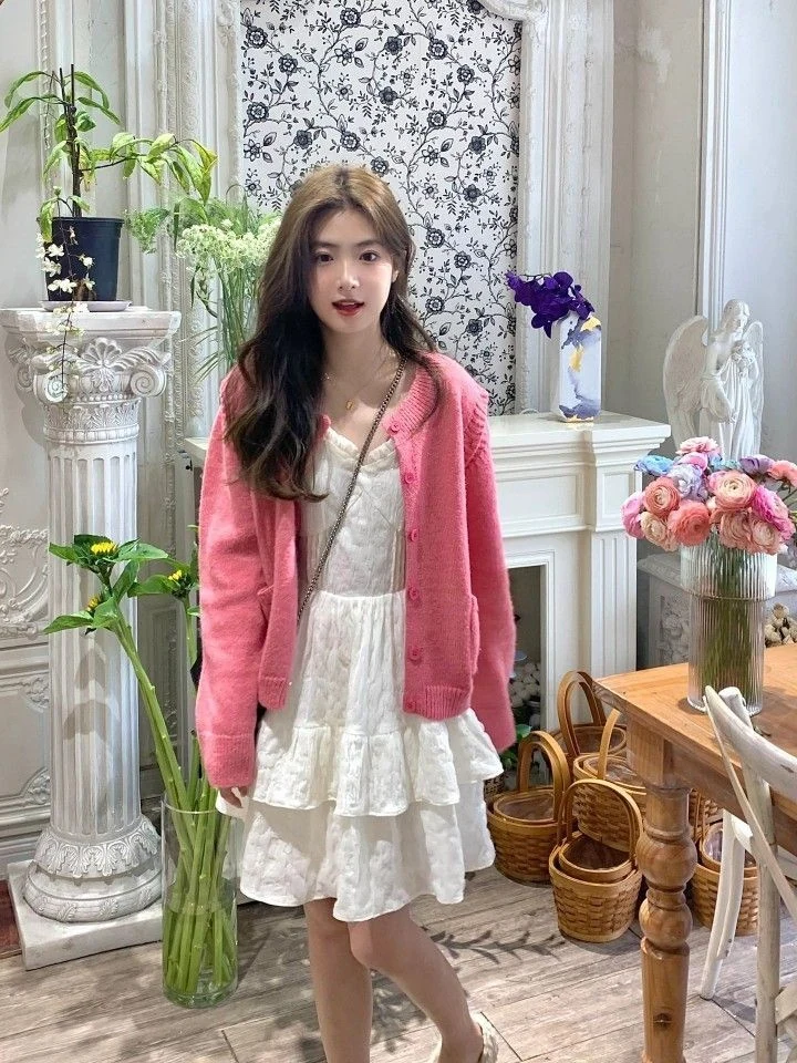 Romantic White Dress with Pink Cardigan