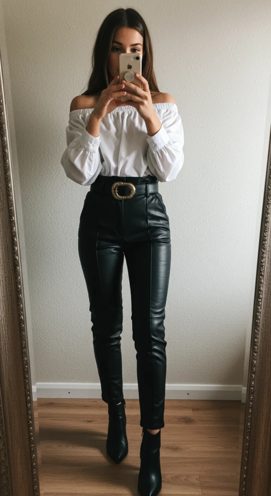Leather Pants and Off-Shoulder Blouse