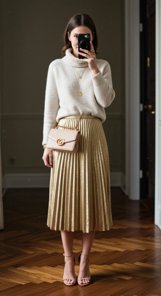 Metallic Pleated Skirt and Cashmere Sweater