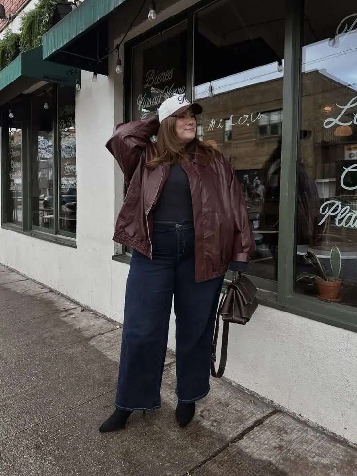 Burgundy Leather and Wide-Leg Jeans
