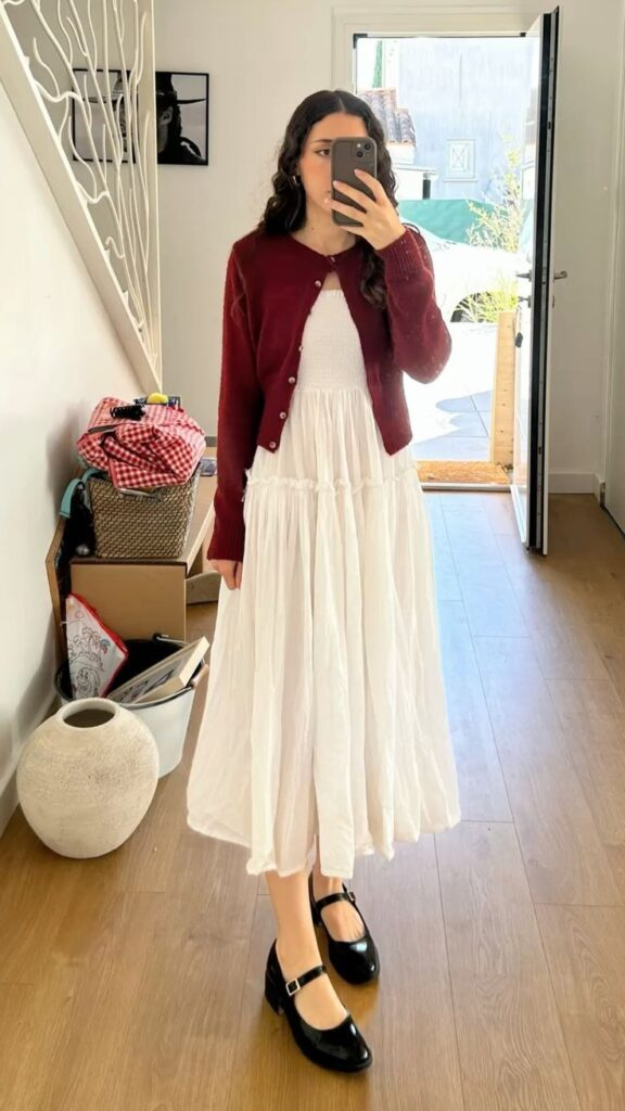 Burgundy Cardigan Over Cream Midi Dress