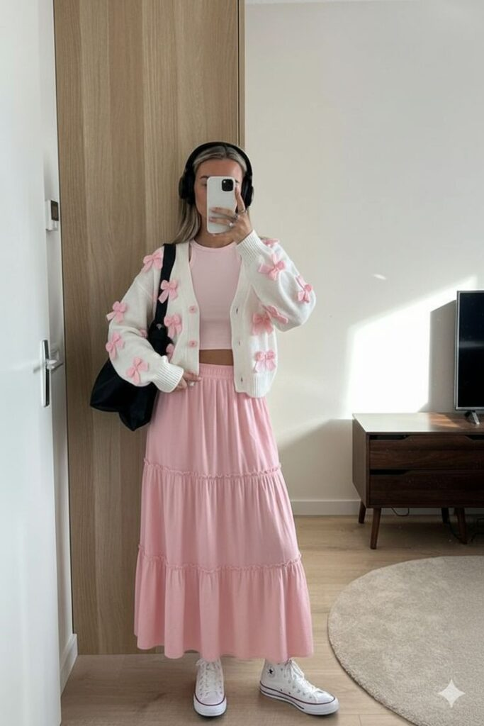 Floral Cardigan with Tiered Midi Skirt