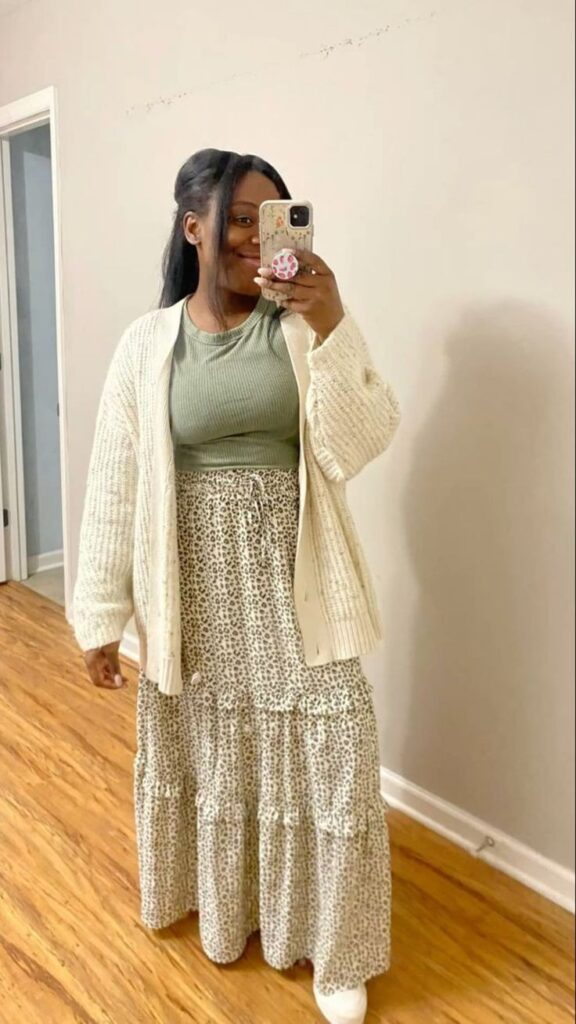 Cream Cardigan with Floral Maxi Skirt