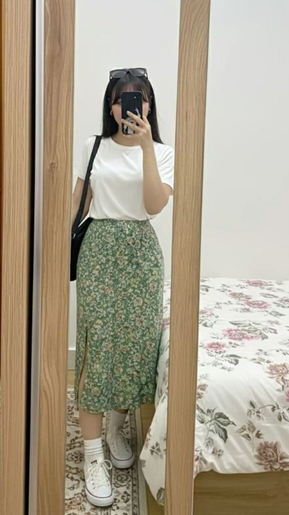 Floral Skirt with Classic White Tee