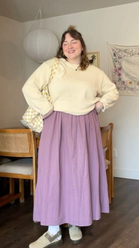 Cream Sweater with Lavender Midi Skirt