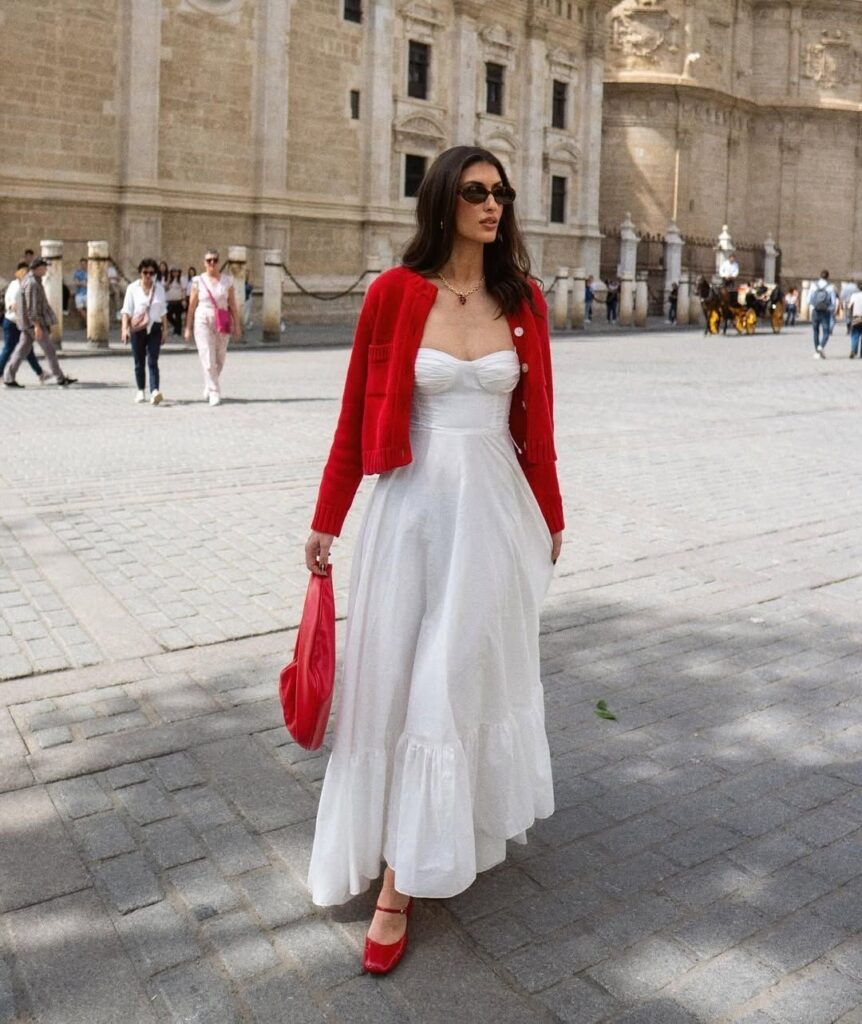 Classic White Dress with Red Cardigan