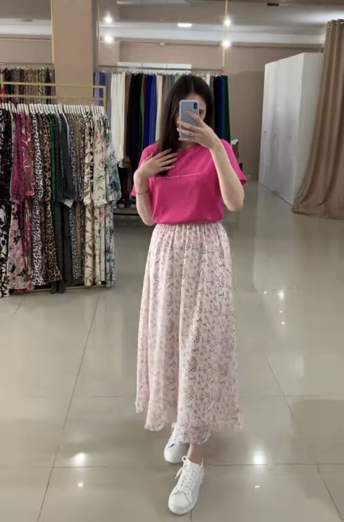 Vibrant Top with Floral Midi Skirt