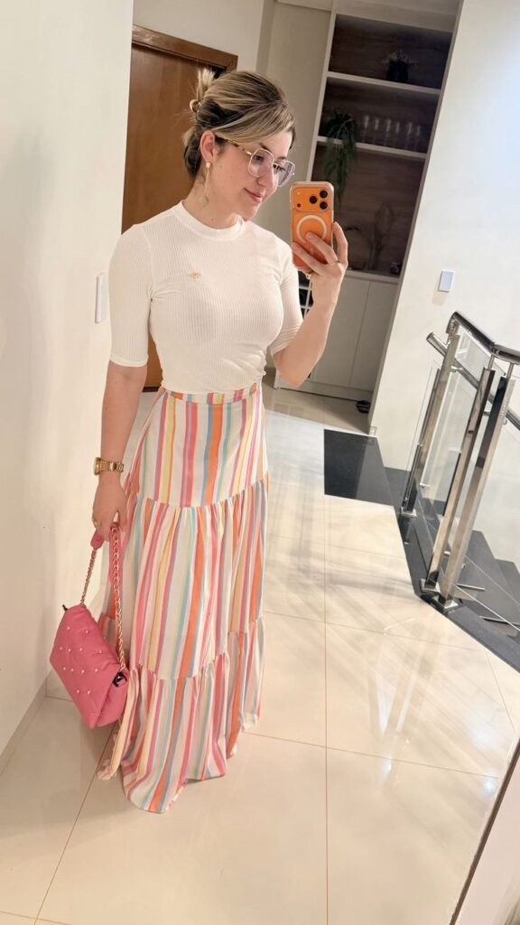 Cream Ribbed Top with Colorful Striped Skirt