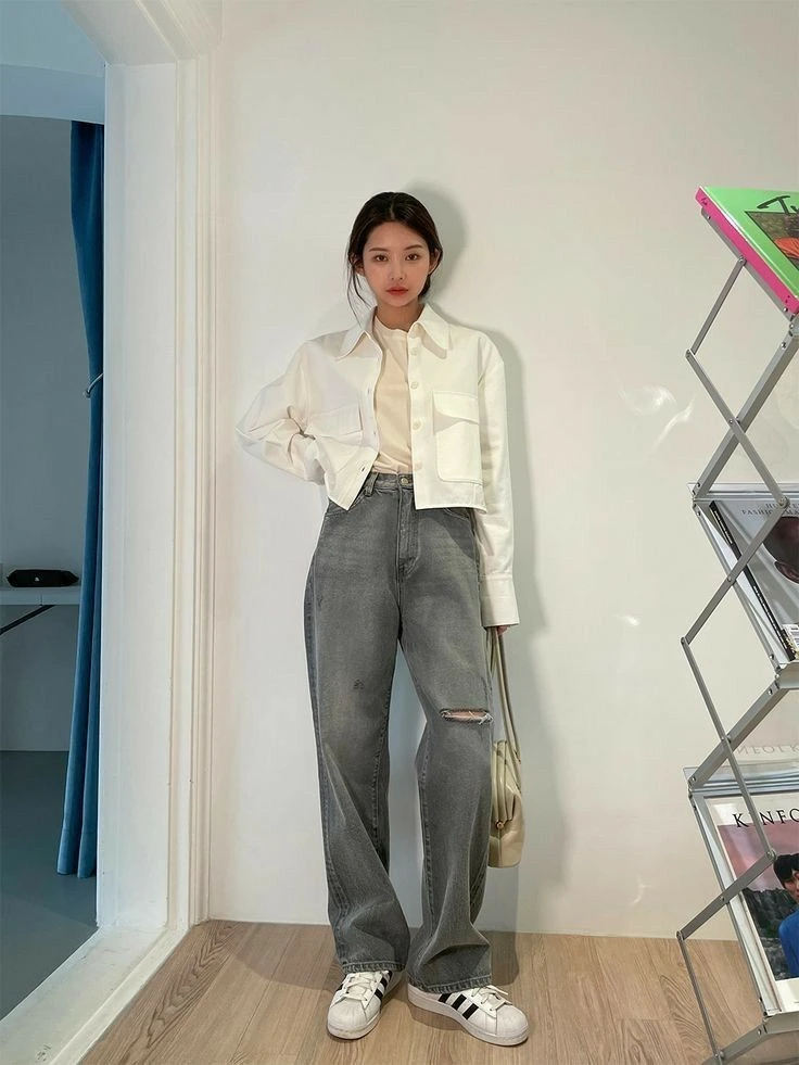 Cream Jacket with Wide-Leg Denim