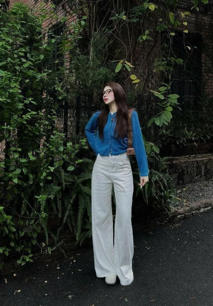 Blue Denim Shirt and Cream Trousers