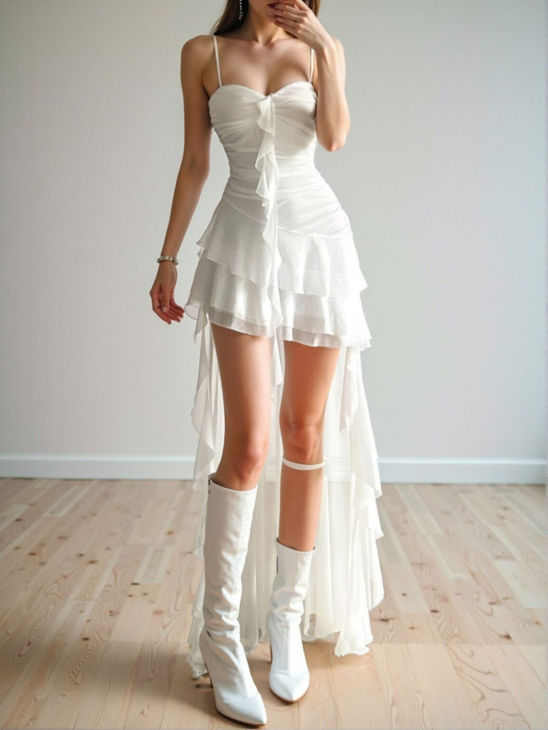 Ethereal White Wrap Dress with Boots