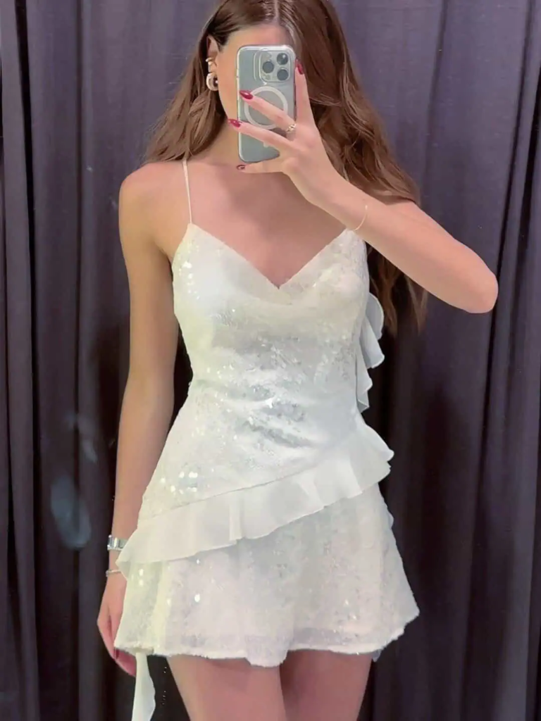 Sequined White Slip Dress Elegance