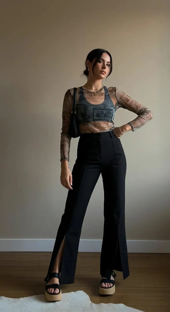 Split-Hem Pants and Graphic Mesh Top