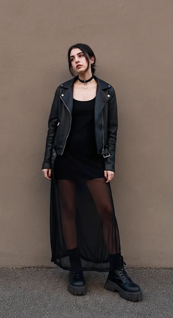 Mesh Maxi Dress with Combat Boots