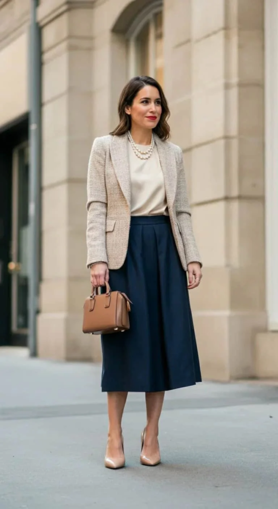Classic Tweed Blazer with A-Line Midi Skirt