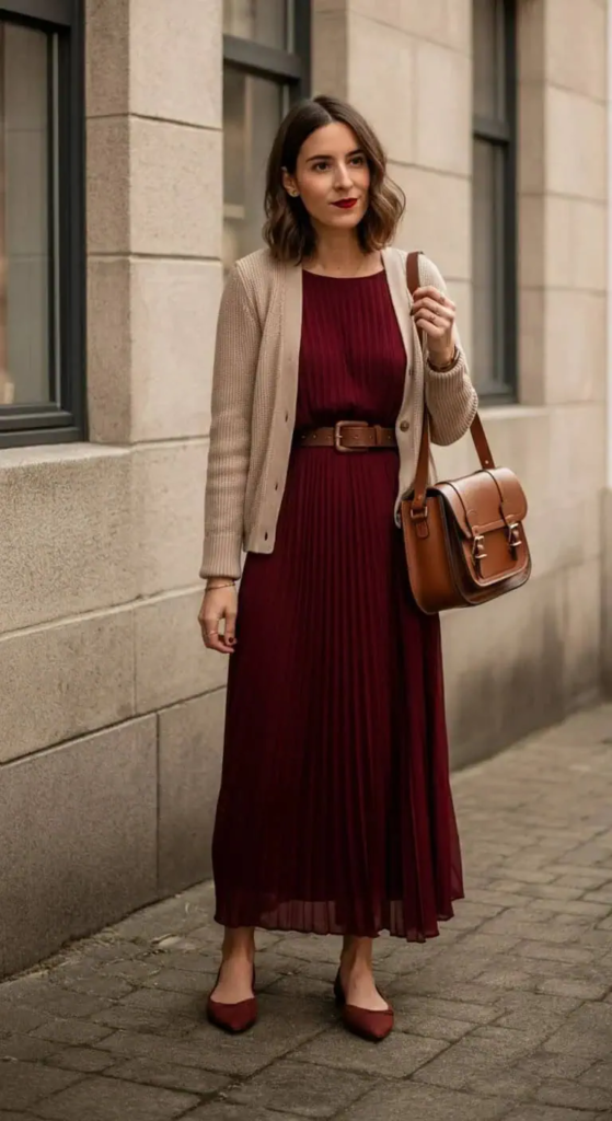 Pleated Maxi Dress with Structured Cardigan