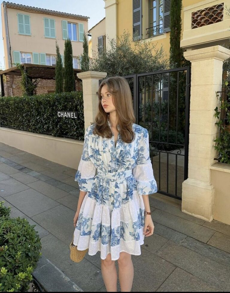 Blue and White Printed Wrap Dress