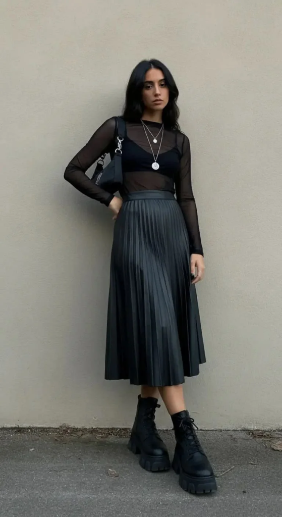 Leather Midi Skirt and Mesh Top Combo