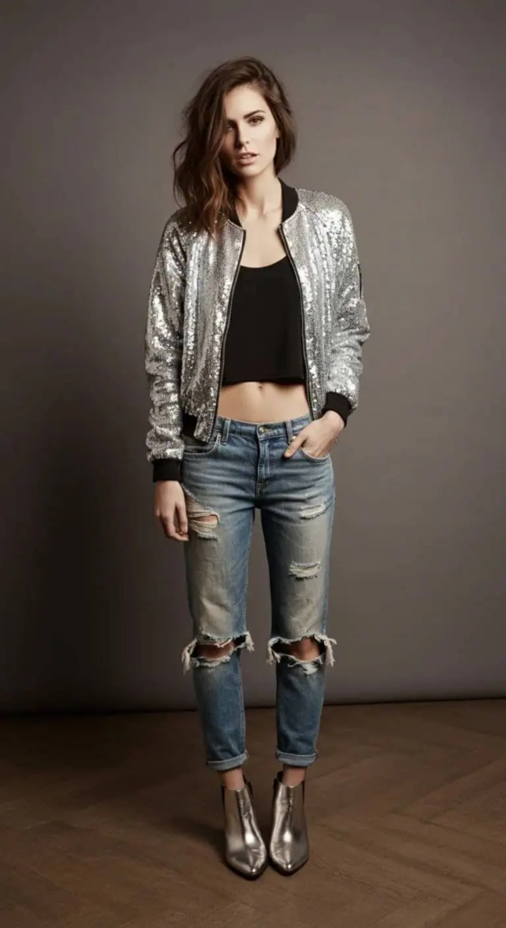 Sequin Bomber and High-Waisted Jeans