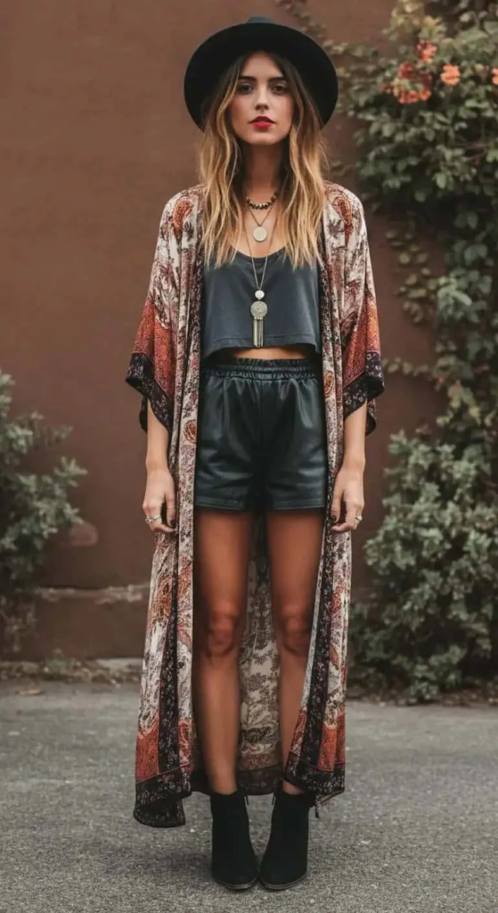 Printed Maxi Kimono with Leather Shorts