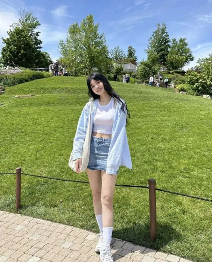 Layered Denim Shorts and Oversized Shirt